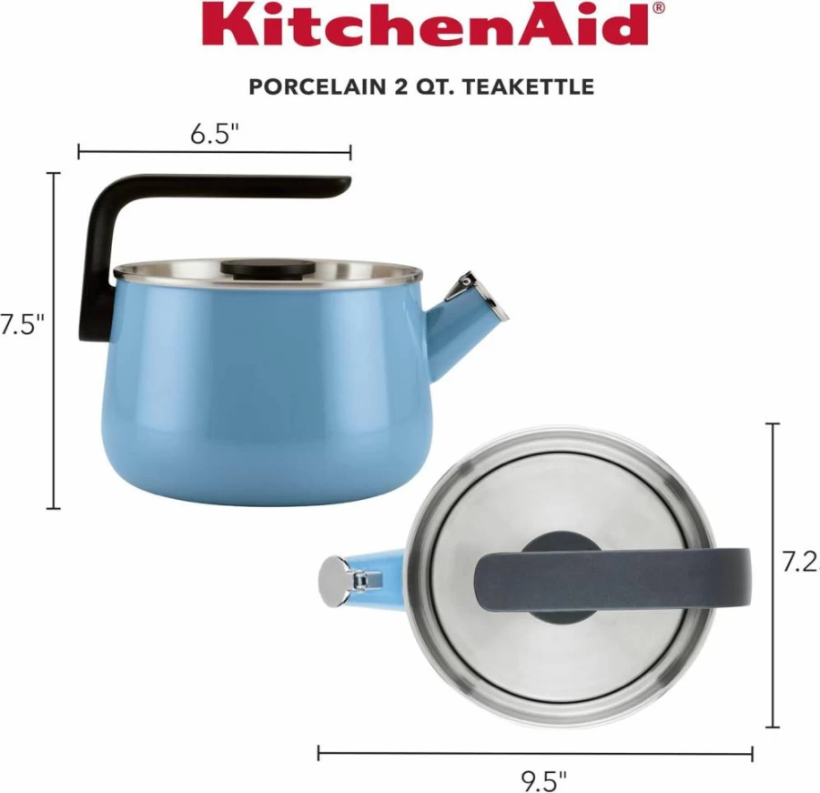KitchenAid 2 Quart Blue Velvet Whistling Tea Kettle - Enamel-on-Steel Stovetop Kettle, Induction Compatible with Stainless Steel Lid