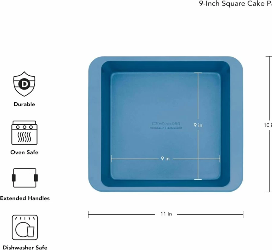 KitchenAid 9-Inch Nonstick Square Cake Pan - Aluminized Steel, Ink Blue, Durable Baking Dish for Even Heat Distribution