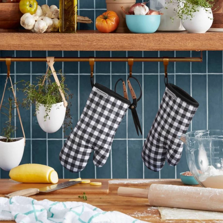 KitchenAid Pistachio Gingham Oven Mitts Set of 2 - Heat Resistant 7x13 Inch Baking Gloves for Kitchen