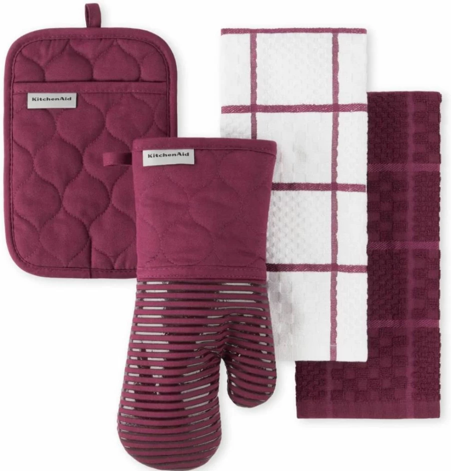 KitchenAid Heat Resistant Quilted Cotton Oven Mitt Set - 4-Piece Kitchen Accessories with Silicone Grip, Includes Pot Holder & Towels (16"x26", 7"x13", 7"x10") in Matte Grey