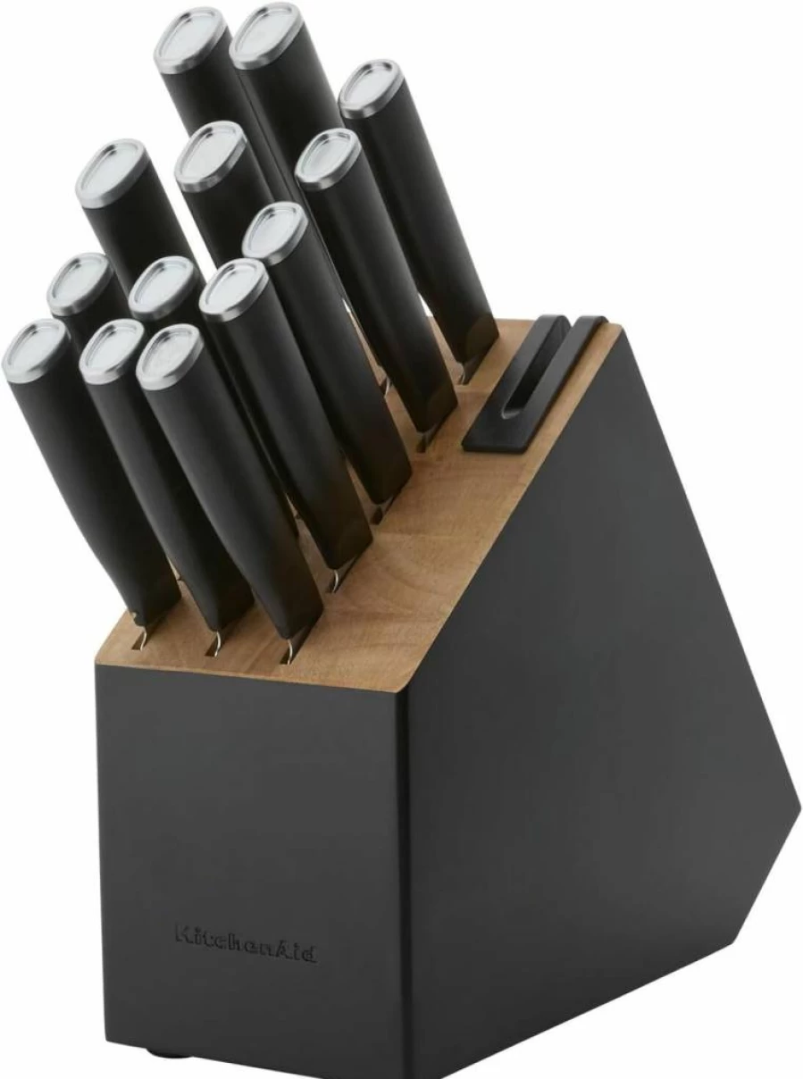 KitchenAid 14-Piece Classic Knife Block Set with High Carbon Stainless Steel Knives and Built-In Sharpener, Natural Wood Storage Block