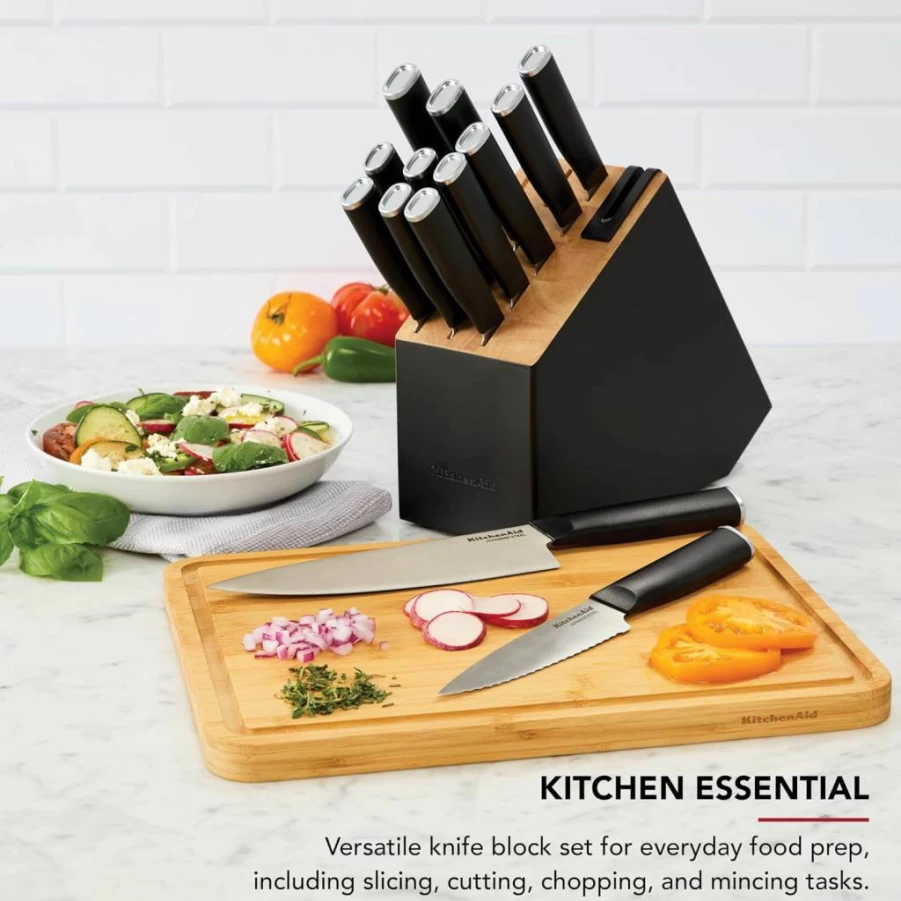 KitchenAid 14-Piece Classic Knife Block Set with High Carbon Stainless Steel Knives and Built-In Sharpener, Natural Wood Storage Block