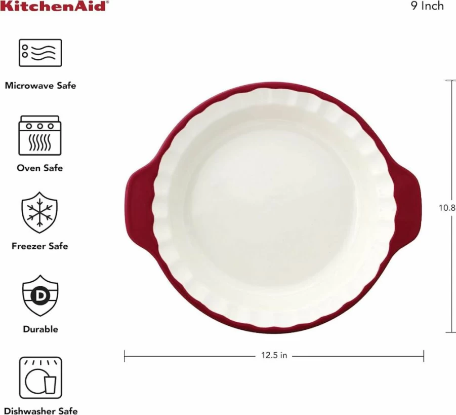 KitchenAid 9-Inch Pistachio Stoneware Pie Dish for Baking, Durable Vitrified Ceramic Pie Plate, Oven Safe Dish for Desserts & Pies