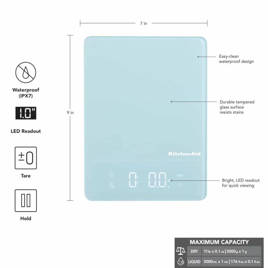 KitchenAid KQ913 Digital Kitchen Scale - 11 lbs Capacity, Waterproof IPX7, LED Display, Precise Food Weighing, White