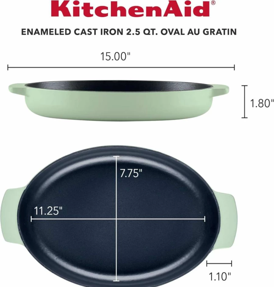 KitchenAid Pistachio Enameled Cast Iron 2.5 Quart Oval Au Gratin Dish & Roasting Pan
