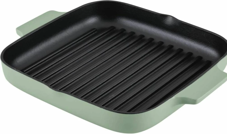 KitchenAid Pistachio Enameled Cast Iron 11-Inch Square Grill Pan with Roasting Lid, Durable Non-Stick Surface