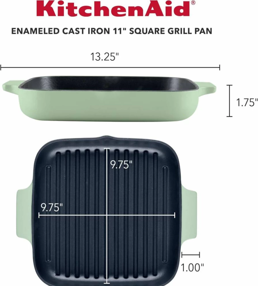 KitchenAid Pistachio Enameled Cast Iron 11-Inch Square Grill Pan with Roasting Lid, Durable Non-Stick Surface