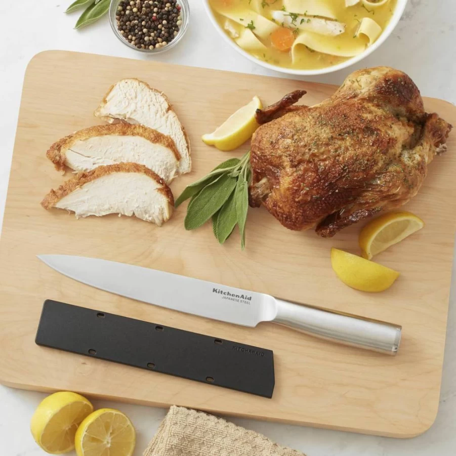 KitchenAid 8-Inch Japanese Stainless Steel Chef Knife with Blade Cover - High Carbon Sharp Kitchen Knife, Forged Brushed Steel Handle