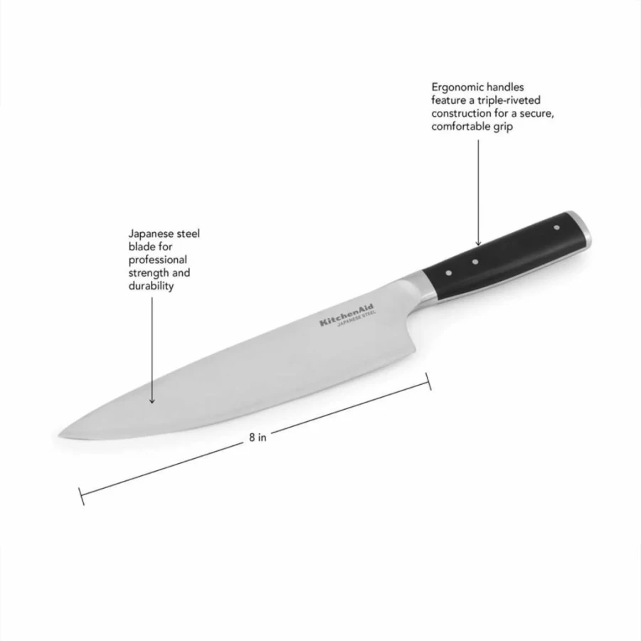 KitchenAid 8-Inch Chef Knife - High-Carbon Japanese Stainless Steel Blade, Forged Triple Rivet Handle, Includes Custom Blade Cover, Professional Sharp Kitchen Knife, Black