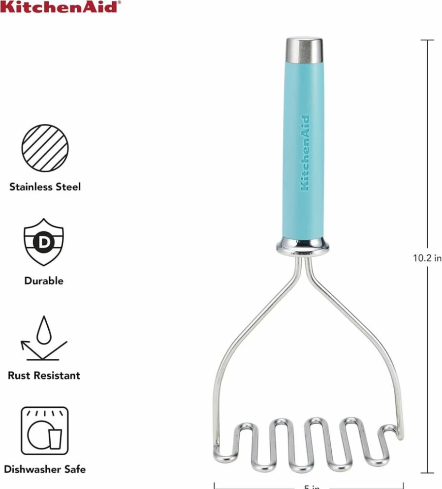 KitchenAid 10.24-Inch Stainless Steel Potato Masher, Black - Gourmet Wire Food Masher for Kitchen
