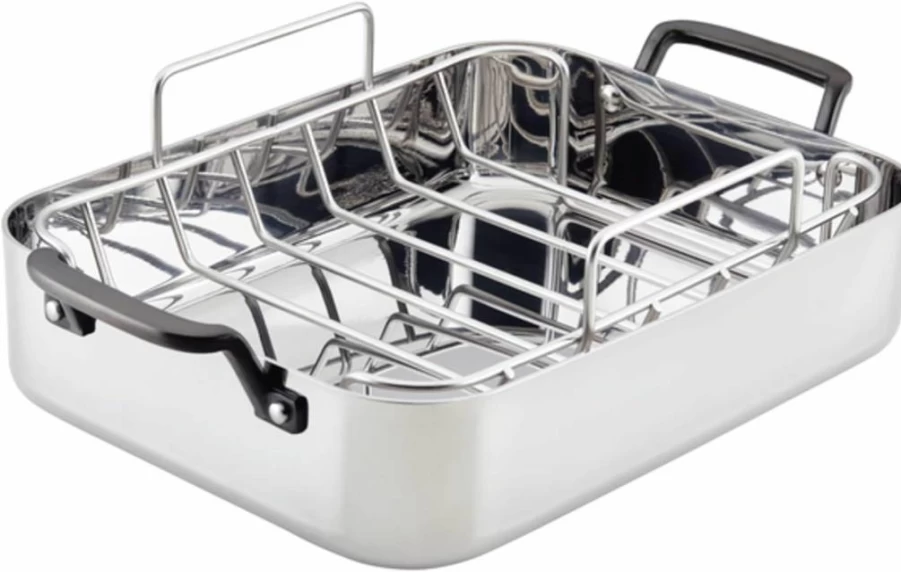 KitchenAid 15" x 11.5" Stainless Steel 5-Ply Roasting Pan with Removable Rack - Oven Safe Cookware for Turkey, Chicken & Meat