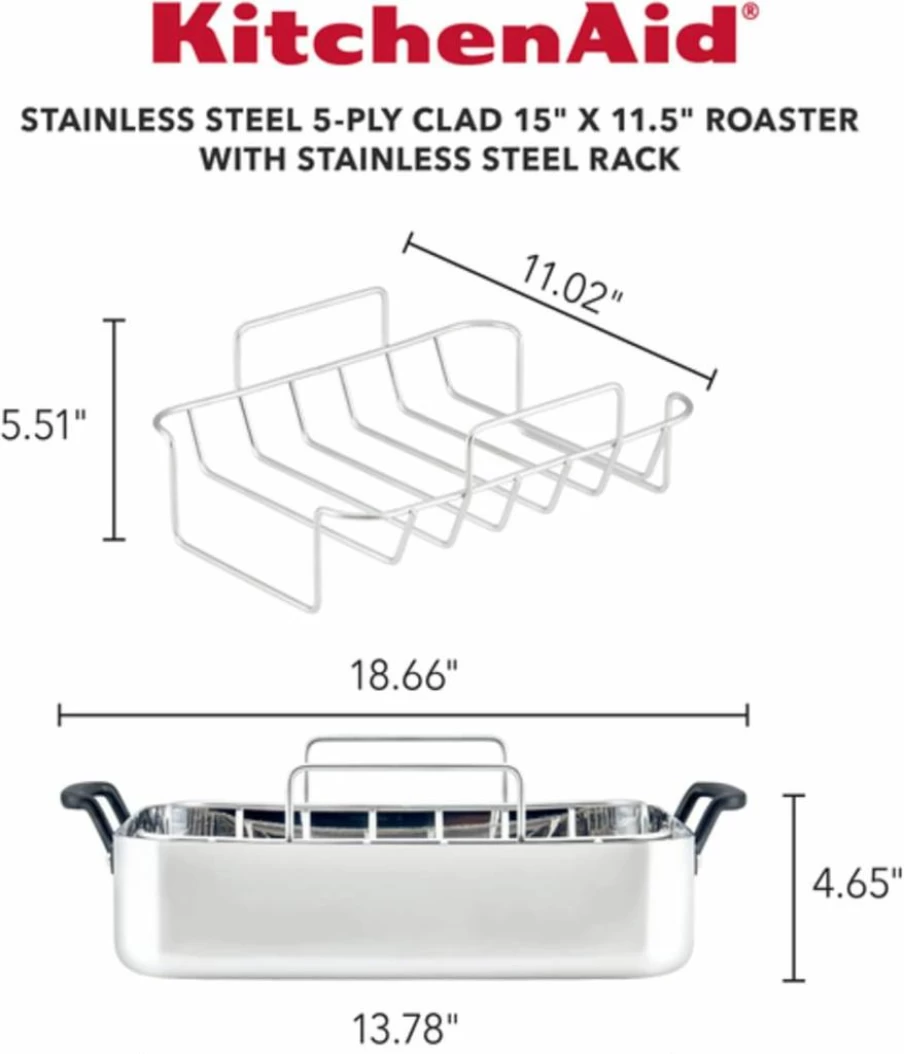 KitchenAid 15" x 11.5" Stainless Steel 5-Ply Roasting Pan with Removable Rack - Oven Safe Cookware for Turkey, Chicken & Meat