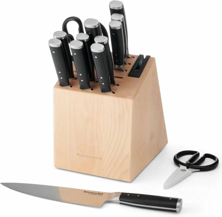 KitchenAid 14-Piece High Carbon Stainless Steel Knife Block Set with Built-In Sharpener, Forged Triple Riveted Black Kitchen Knives