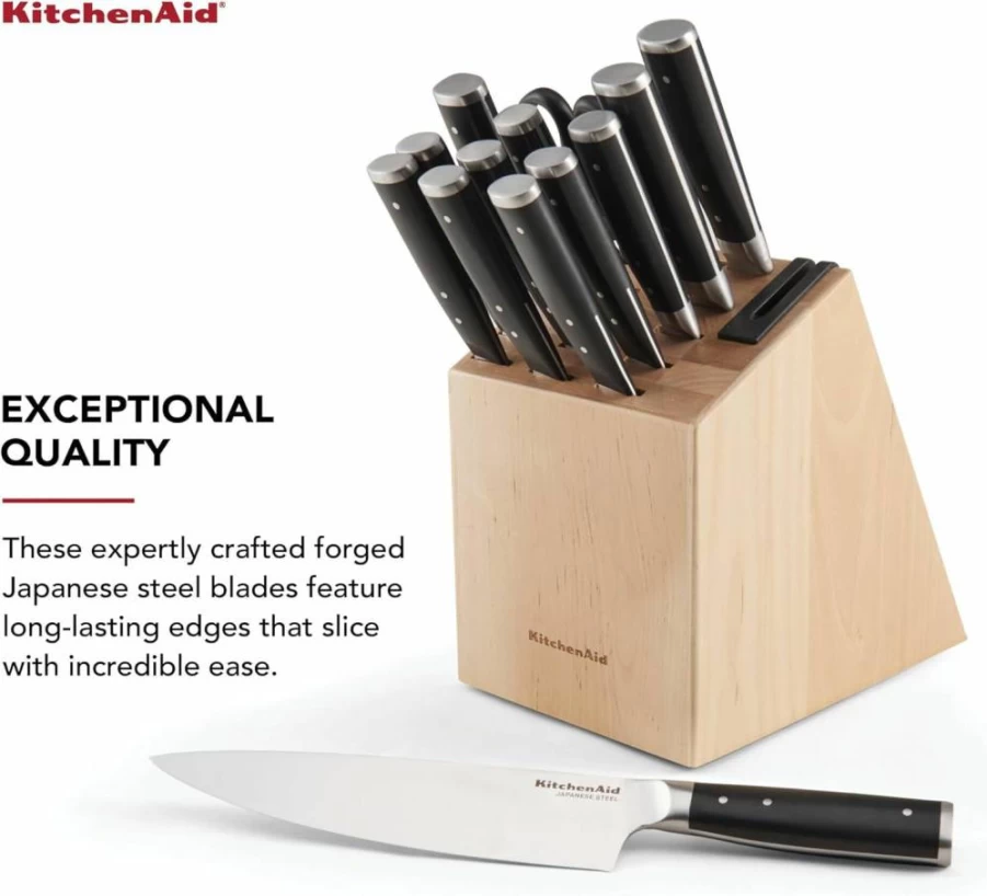 KitchenAid 14-Piece High Carbon Stainless Steel Knife Block Set with Built-In Sharpener, Forged Triple Riveted Black Kitchen Knives