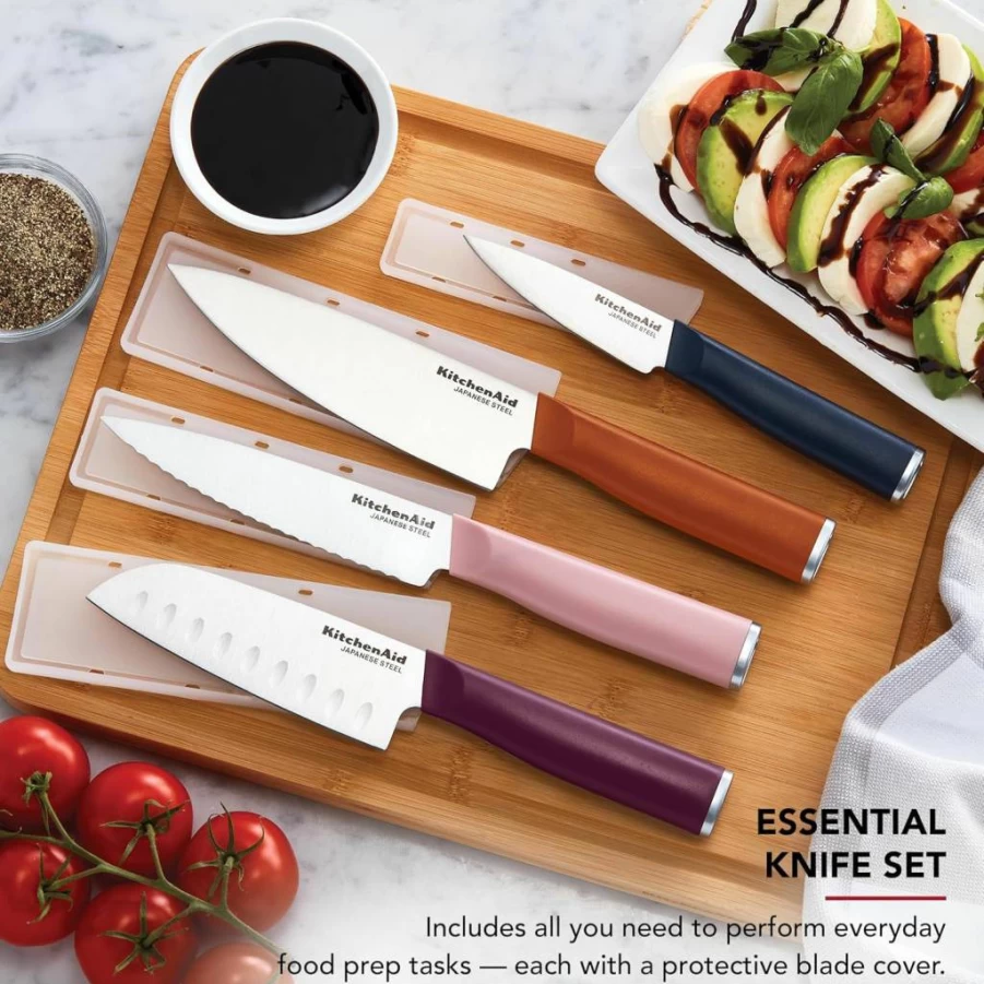 KitchenAid 4-Piece Chef Knife Set with Custom-Fit Covers - High-Carbon Japanese Stainless Steel Blades, Multicolor, Sharp Kitchen Knives