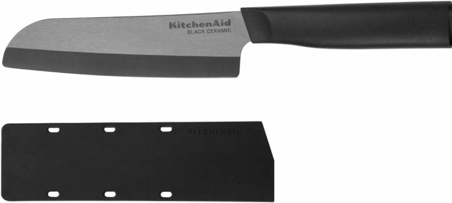 KitchenAid 5-Inch Black Ceramic Santoku Knife with Blade Cover - Sharp, Dishwasher-Safe Kitchen Knife for Precision Cutting