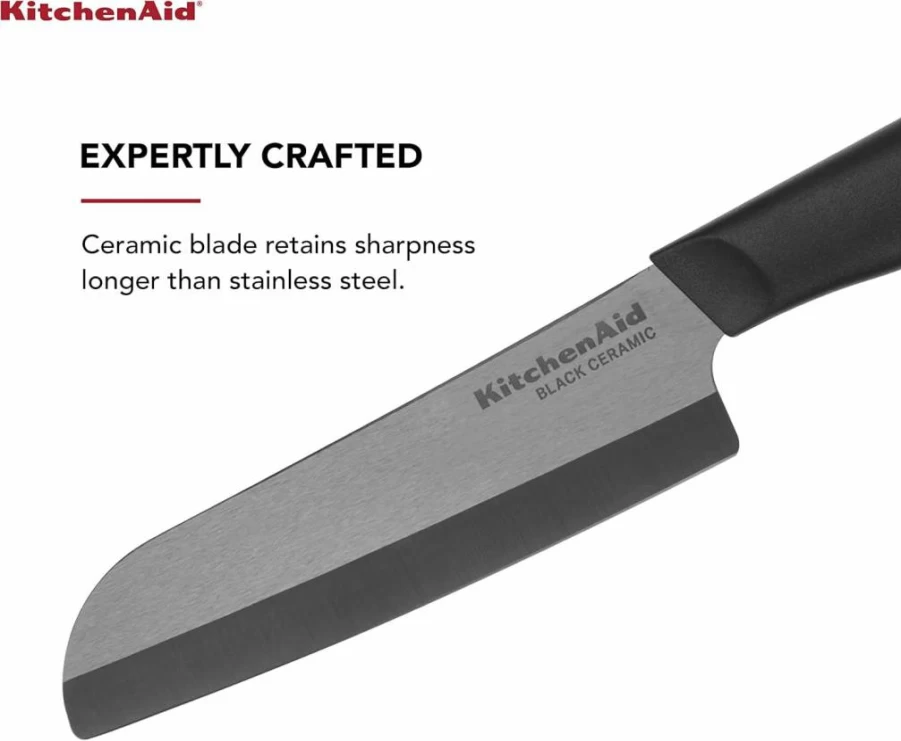 KitchenAid 5-Inch Black Ceramic Santoku Knife with Blade Cover - Sharp, Dishwasher-Safe Kitchen Knife for Precision Cutting