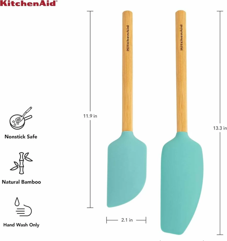 KitchenAid Aqua Sky Bamboo Spatula Set - 2-Piece Eco-Friendly Wooden Utensils for Cooking & Baking