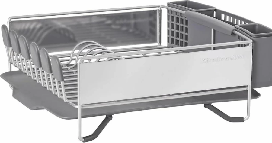 KitchenAid 15-Inch Compact Dish Rack with Removable Utensil Holder, Space-Saving Drainboard, Satin Gray Finish for Small Kitchens