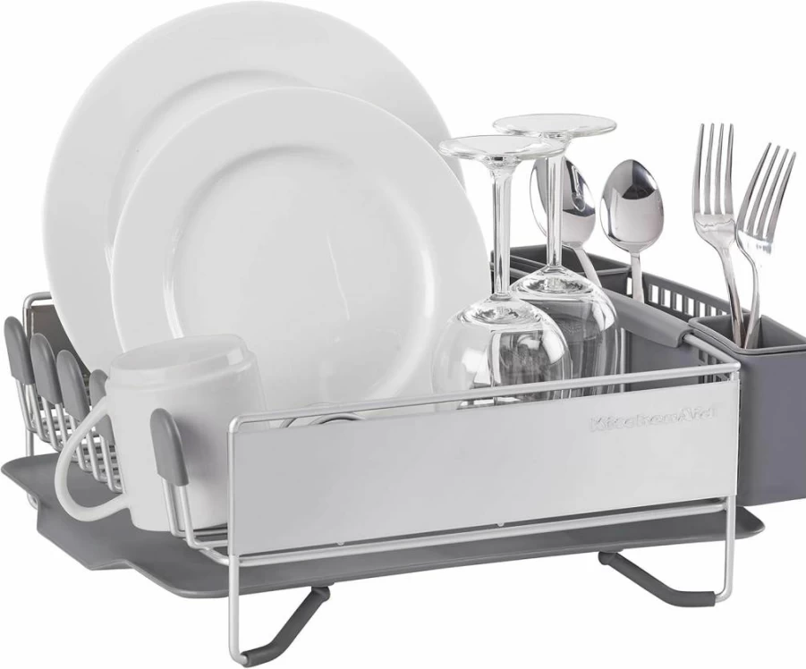 KitchenAid 15-Inch Compact Dish Rack with Removable Utensil Holder, Space-Saving Drainboard, Satin Gray Finish for Small Kitchens