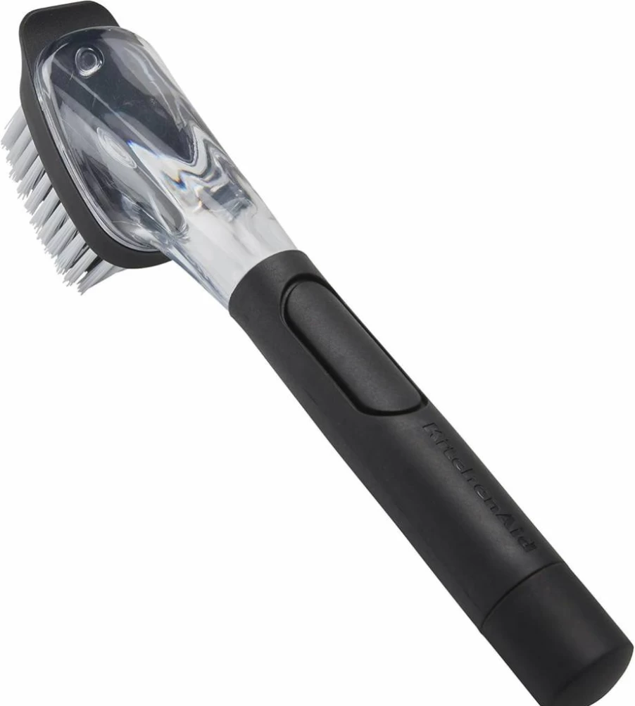 KitchenAid Soap Dispensing Sink Brush with Refillable Handle, Non-Slip Grip, and Durable Nylon Bristles for Tough Cleaning, Black