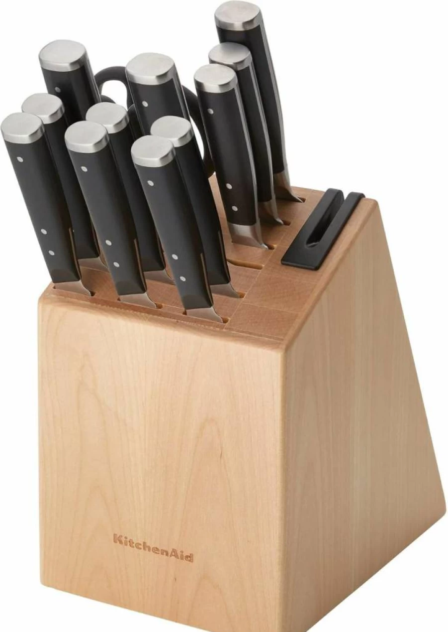 KitchenAid 14-Piece High Carbon Japanese Stainless Steel Knife Block Set with Built-In Sharpener, Birchwood Stand - Gourmet Forged Triple Rivet Kitchen Knives