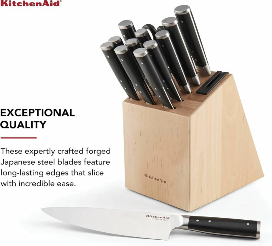 KitchenAid 14-Piece High Carbon Japanese Stainless Steel Knife Block Set with Built-In Sharpener, Birchwood Stand - Gourmet Forged Triple Rivet Kitchen Knives