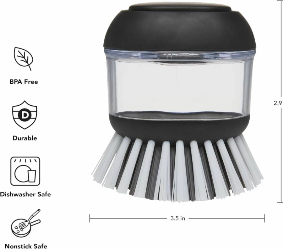 KitchenAid Soap Dispensing Palm Brush - Non Slip Grip, Safe for Non Stick Cookware, Easy Fill Design (2.95" x 2.17" x 3.54")