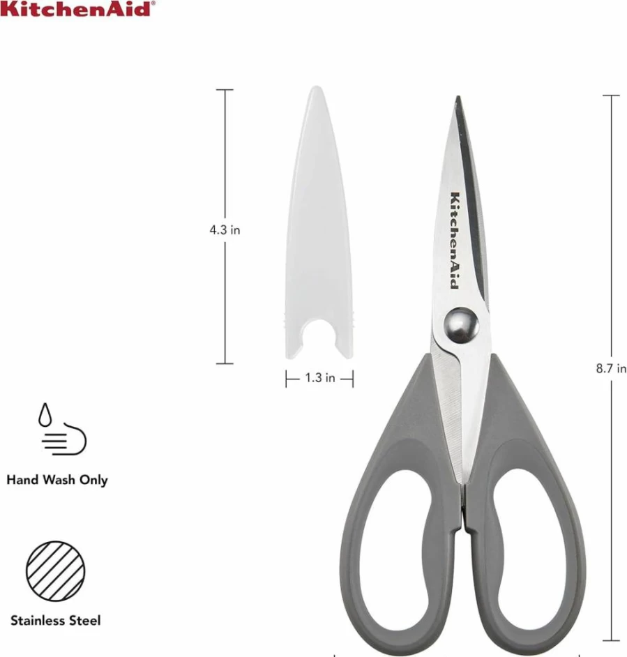 KitchenAid 8.72-Inch Stainless Steel Kitchen Shears with Soft Grip Handle, Dishwasher Safe, Includes Protective Sheath – Gray