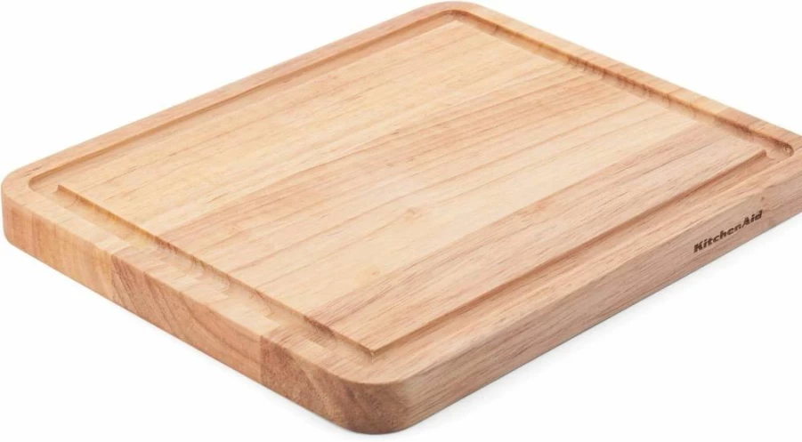 KitchenAid Classic 11x14 Inch Reversible Rubberwood Cutting Board with Perimeter Trench, Natural Wood Chopping Block for Kitchen