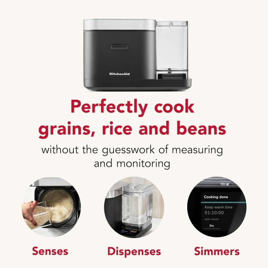 KitchenAid KGC3155BM 8-Cup Smart Rice Cooker with Automatic Grain Sensing, Built-In Scale & Removable Water Tank