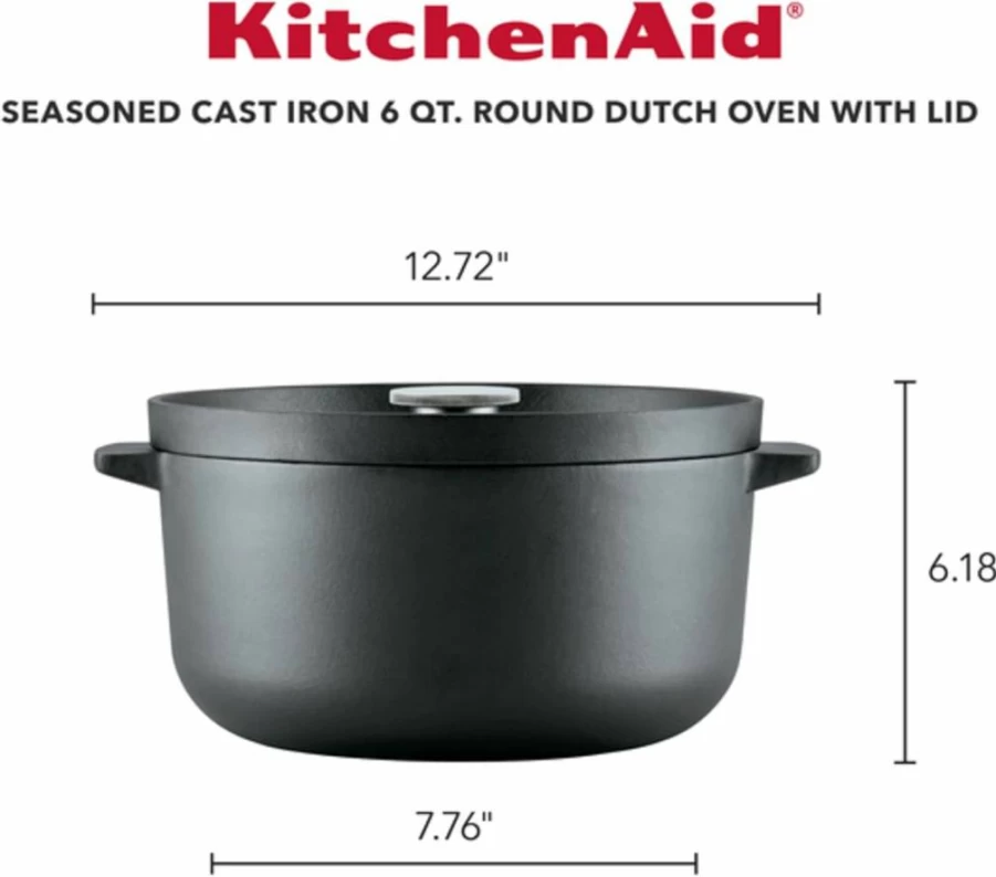 KitchenAid 6 Quart Enameled Cast Iron Dutch Oven - Black Casserole Pot for Baking, Braising & Roasting