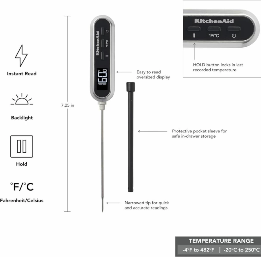 KitchenAid KQ905 Digital Food Thermometer with Rapid Response, -4°F to 482°F (-20°C to 250°C) Range, Instant Read for Cooking, Grilling, and Baking, Black