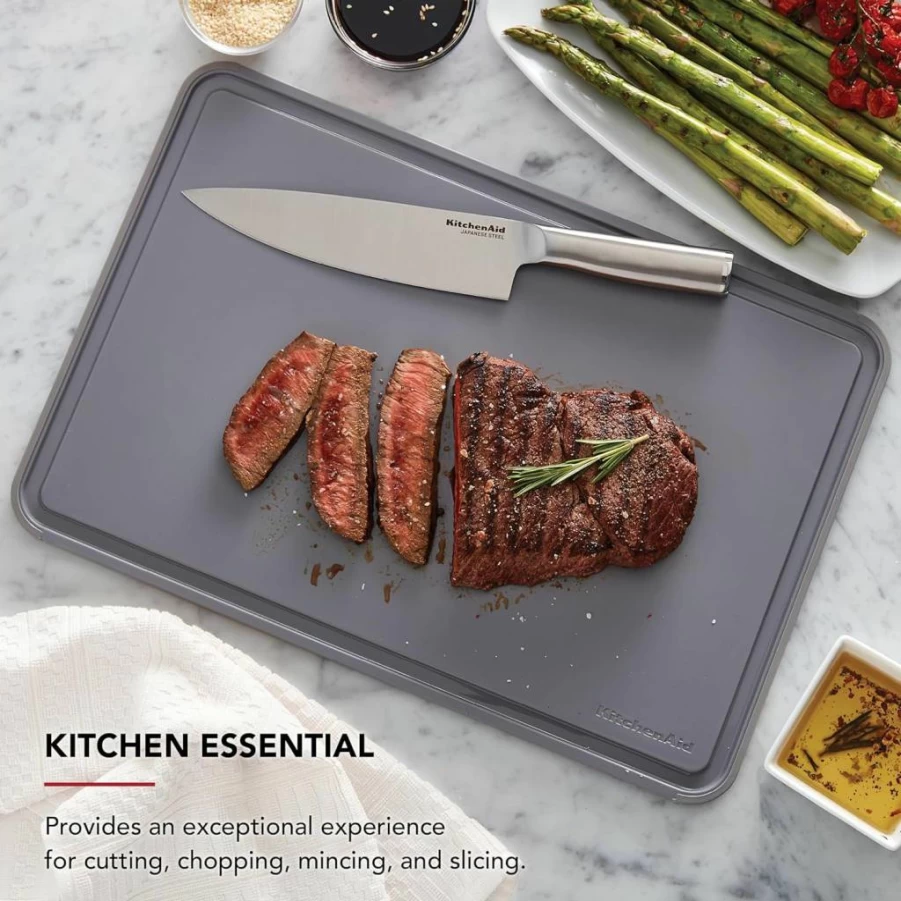 KitchenAid Classic 12x18 Inch Non-Slip Plastic Cutting Board with Perimeter Trench, Dishwasher Safe - White and Gray