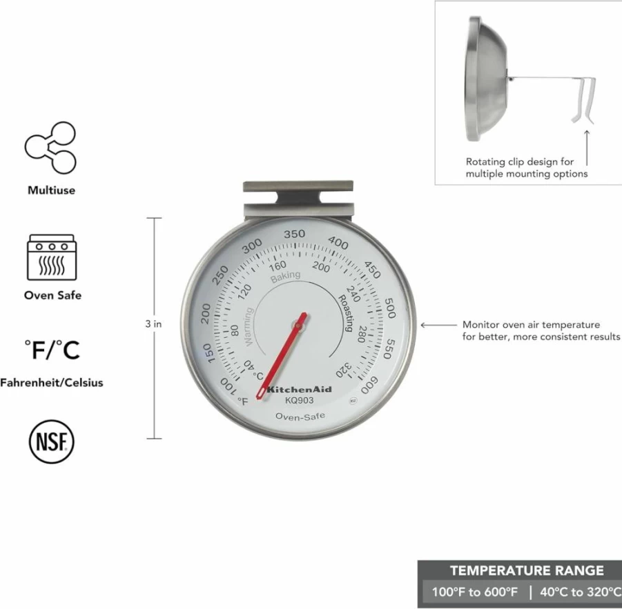 KitchenAid KQ903 Stainless Steel Oven Thermometer with Analog Dial - 100°F to 600°F Range for Cooking, Grilling, Smoking & Baking