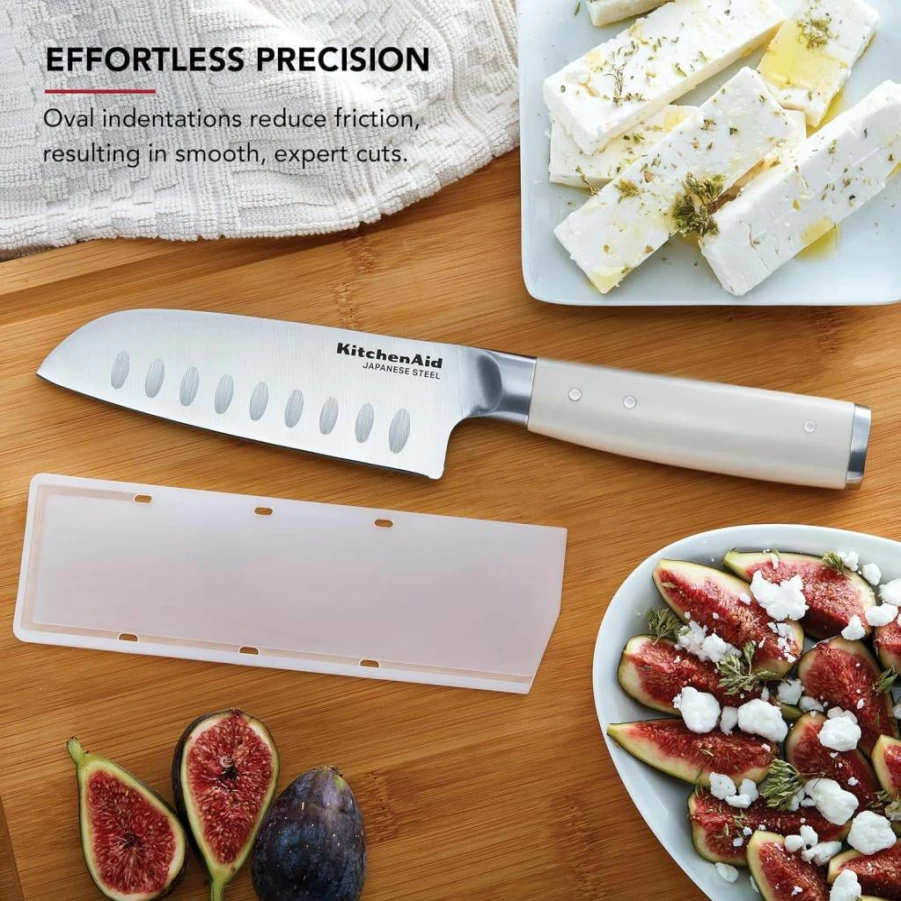 KitchenAid 5 Inch Santoku Knife - High-Carbon Japanese Stainless Steel Blade, Ergonomic Handle, Includes Protective Cover, Milkshake Color, Professional Kitchen Knife