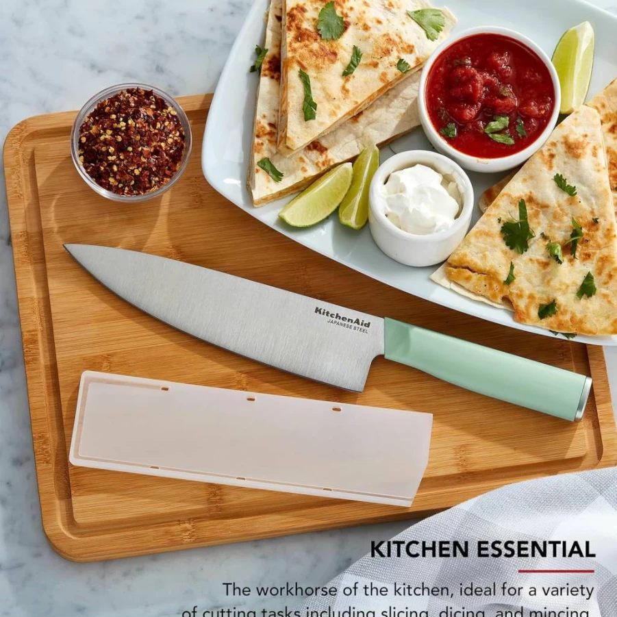 KitchenAid 8 Inch Classic Chef Knife - High-Carbon Japanese Stainless Steel Blade, Sharp Kitchen Knife with Custom-Fit Blade Cover, Pistachio Handle