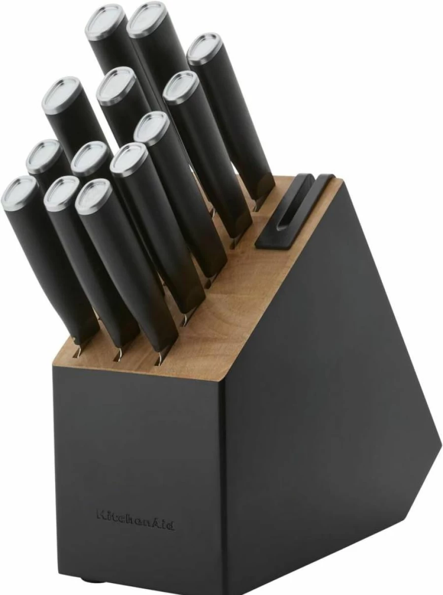 KitchenAid 14-Piece Classic Slim Knife Block Set with Built-In Sharpener, High Carbon Stainless Steel Kitchen Knives, Black Knife Storage Set