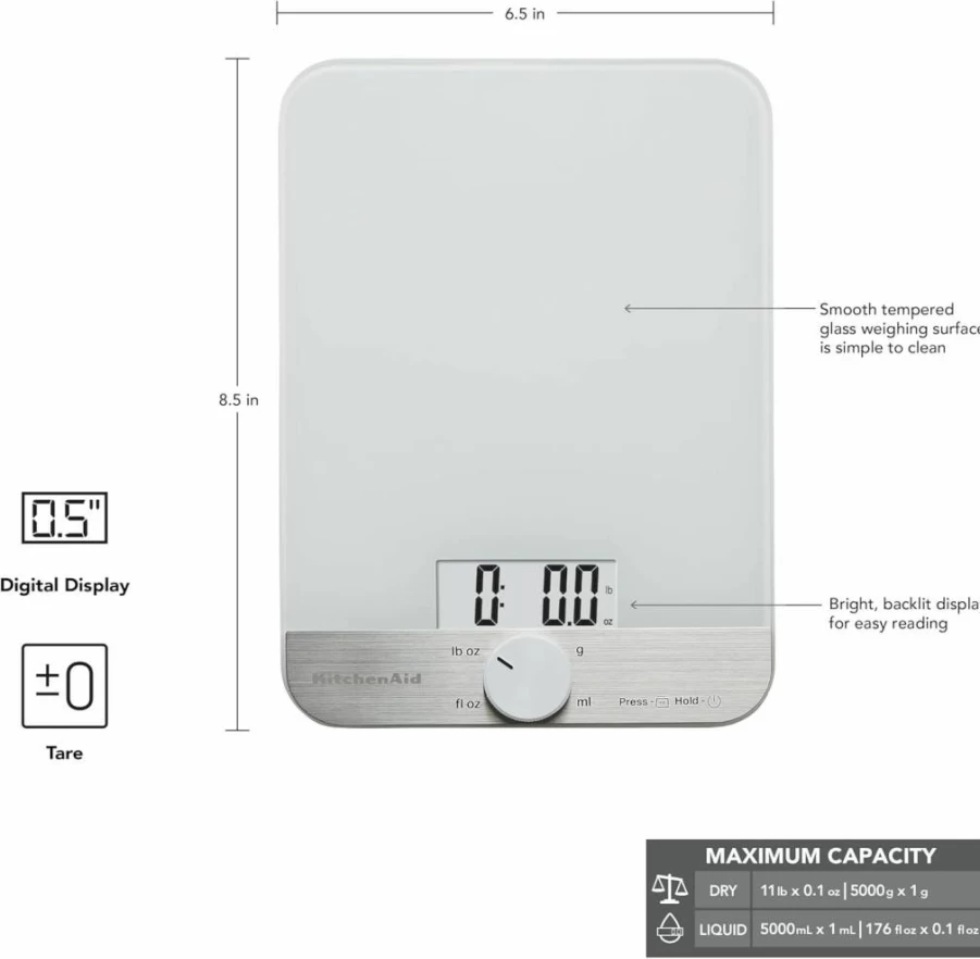 KitchenAid KQ908 11-Pound Digital Kitchen Food Scale with Glass Surface, Precise Weight Measurement, White