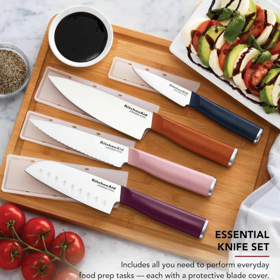 KitchenAid 4-Piece Chef Knife Set with Custom-Fit Covers, High-Carbon Japanese Stainless Steel Blades, Multicolor, Sharp Kitchen Knives