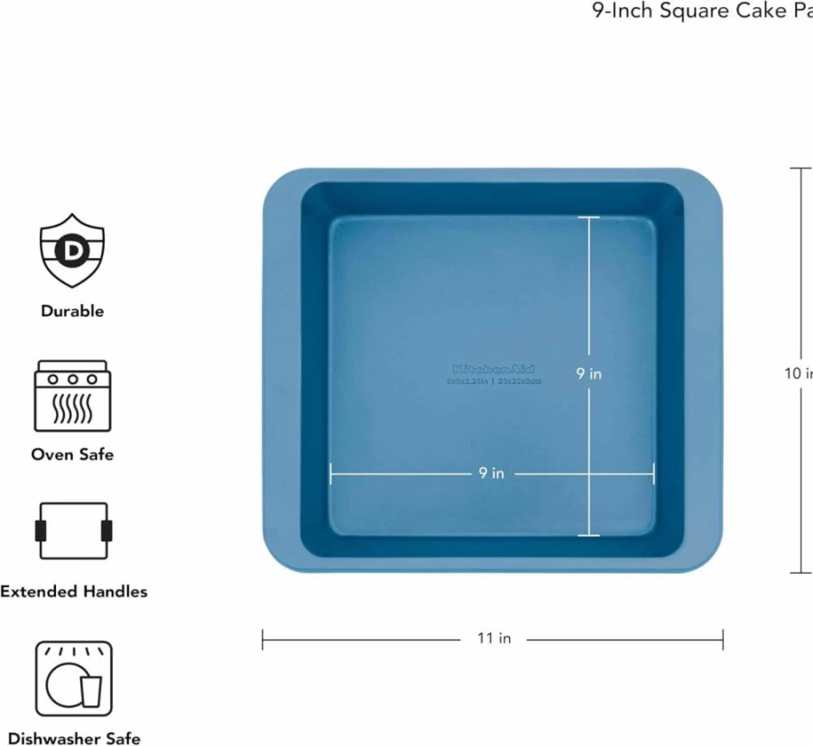 KitchenAid 9-Inch Nonstick Square Cake Pan, Aluminized Steel Baking Pan, Durable & Easy Clean, Silver