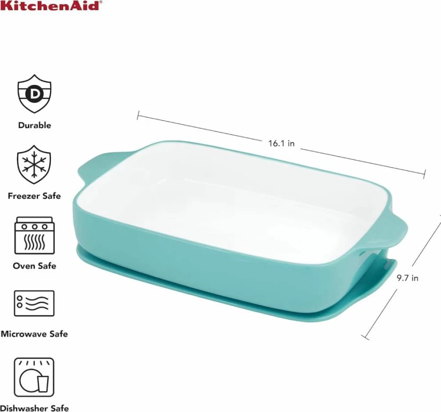 KitchenAid 4.5-Quart Pistachio Green Stoneware Rectangular Baking Dish with Lid and Trivet, Durable Vitrified Ceramic Ovenware