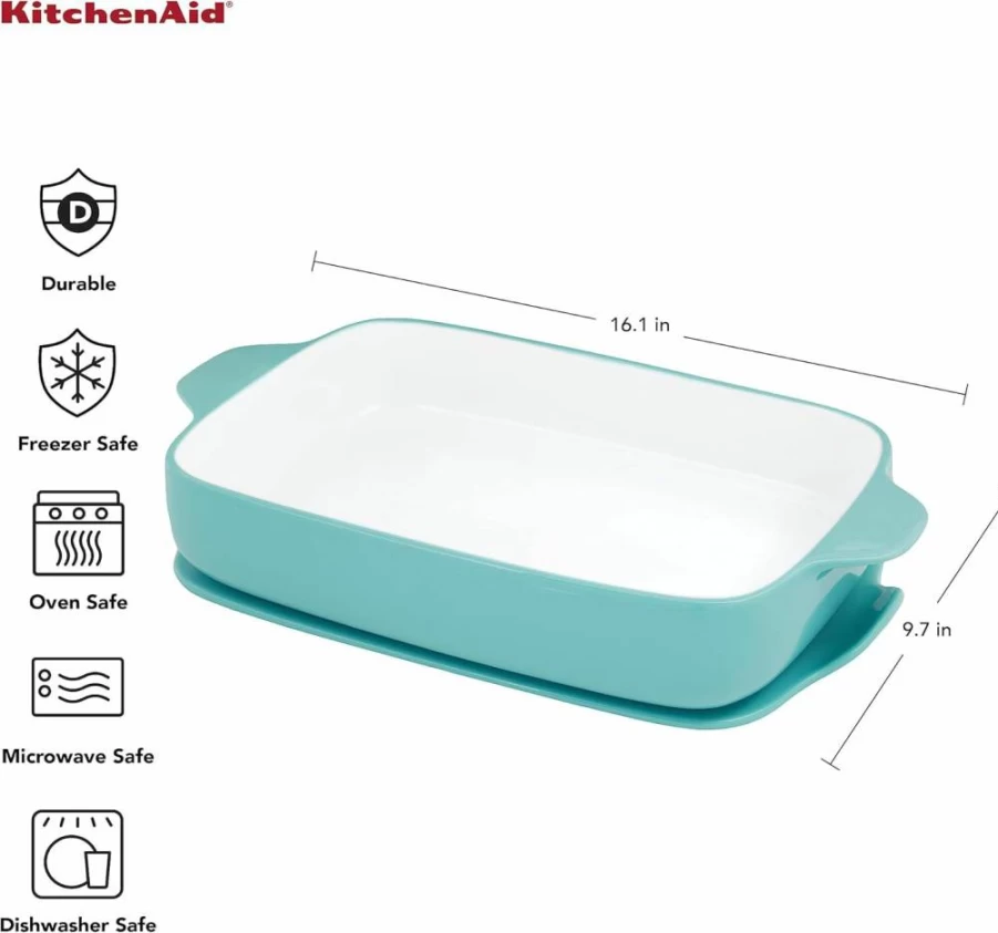 KitchenAid 9x13 Inch Blue Velvet Rectangular Stoneware Baker with Lid - Durable Vitrified Ceramic Ovenware Dish for Baking & Serving