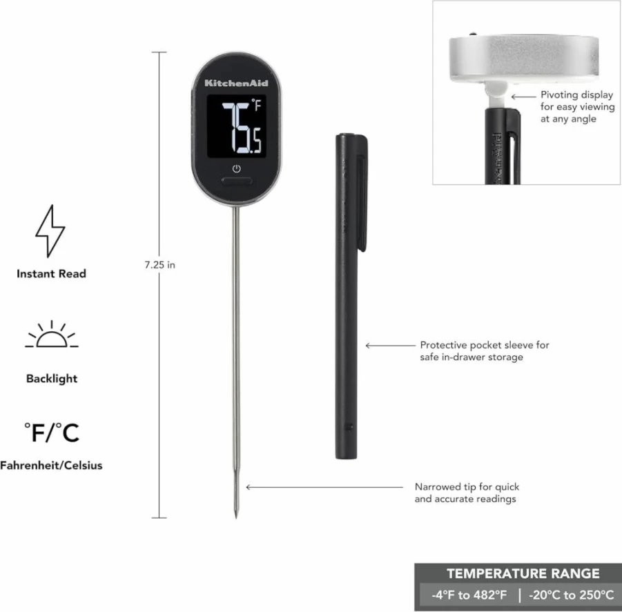 KitchenAid KQ904WH White Digital Instant Read Food Thermometer with -40°F to 482°F Range for Kitchen & Cooking