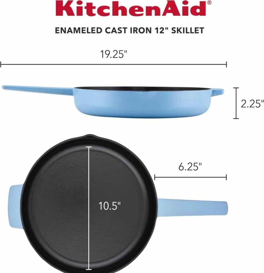 KitchenAid 12 Inch Pistachio Enameled Cast Iron Skillet with Helper Handle, Pour Spouts, Pre-Seasoned Oven Safe Frying Pan