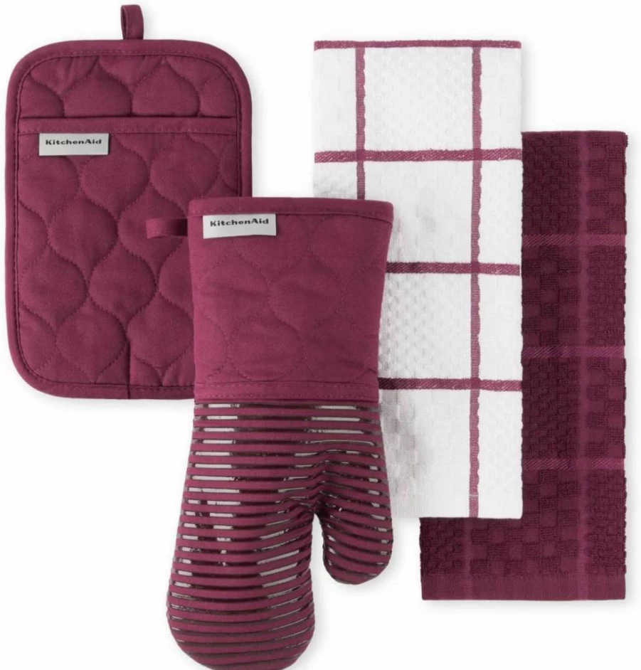 KitchenAid Heat Resistant Quilted Cotton Oven Mitt & Pot Holder Set - Charcoal Grey (16"x26", 7"x13", 7"x10") - Premium Terry Cloth Kitchen Accessories