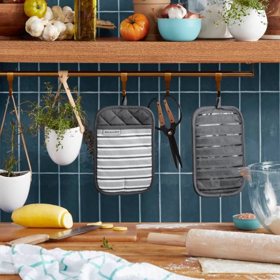 KitchenAid Albany Heat-Resistant Pot Holder Set, 2-Pack Charcoal Grey Oven Mitts 7x10 Inches for Kitchen & Baking