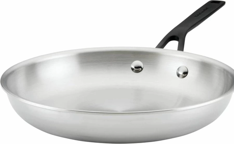 KitchenAid 12.25 Inch Stainless Steel Skillet - 5-Ply Clad Cookware, Polished Fry Pan for Even Heat Distribution