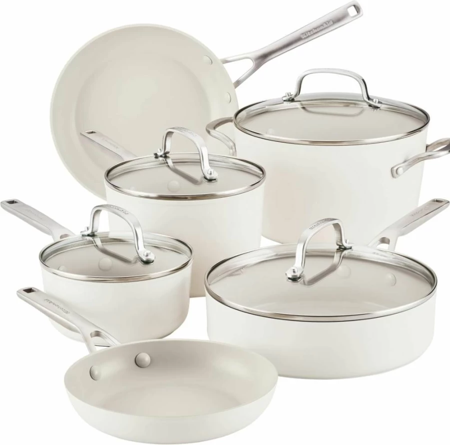 KitchenAid 9-Piece Nonstick Cookware Set - Hard Anodized Ceramic, Oven Safe to 500°F, Includes Fry Pans, Saucepan & Stockpot, Even Heat Distribution, Pistachio Green