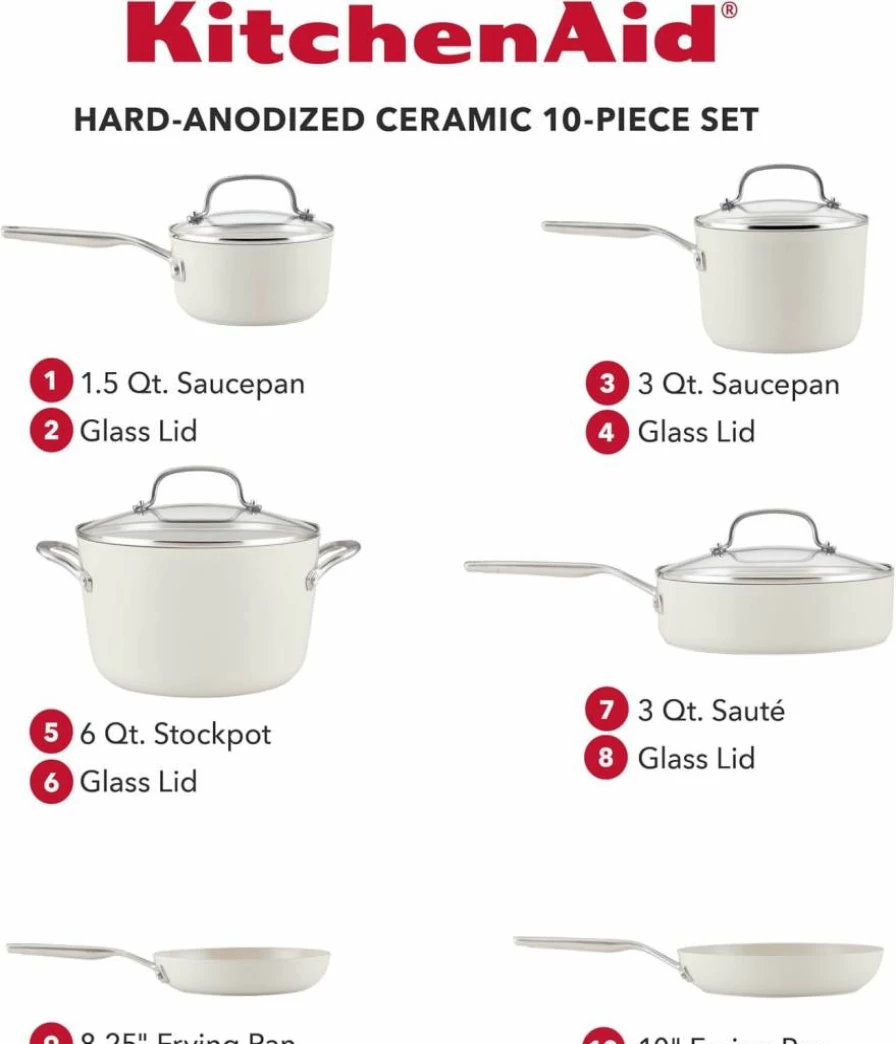 KitchenAid 9-Piece Nonstick Cookware Set - Hard Anodized Ceramic, Oven Safe to 500°F, Includes Fry Pans, Saucepan & Stockpot, Even Heat Distribution, Pistachio Green